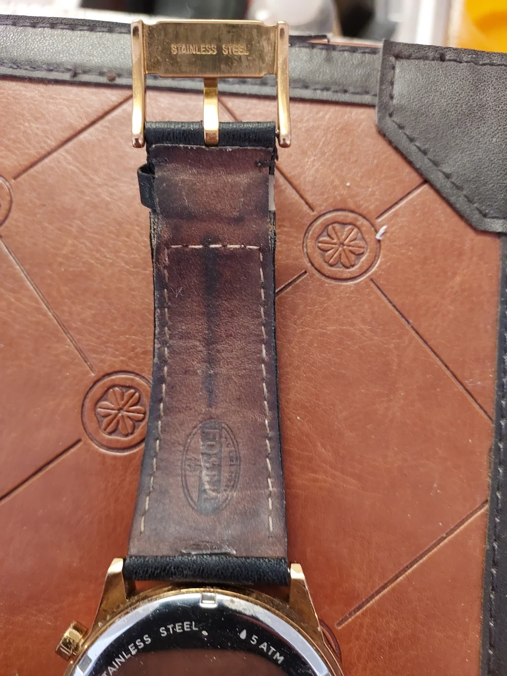 Fossil Men's Black Leather Strap Watch with Rose Gold Case